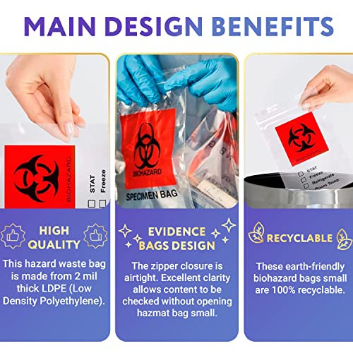 Bolsas de amostra de biohazard APQ 6 x 9 polegadas, pacote de 100 sacolas de biohazard transparentes e vermelhas com