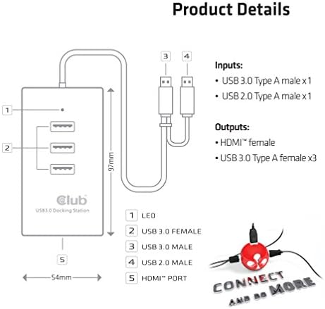 Club3d CSV-2602 Adaptador gráfico USB 3.0 para HDMI com cartões gráficos 3x USB Hub, prata
