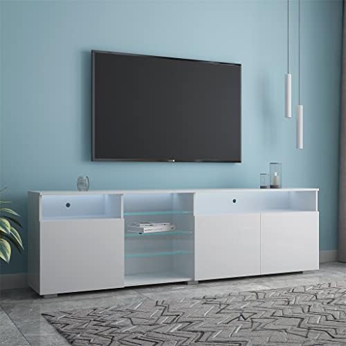 Zhyh 200x35x55cm Gabinete de TV LED brilhante com 3 portas de grande capacidade TV White e Black