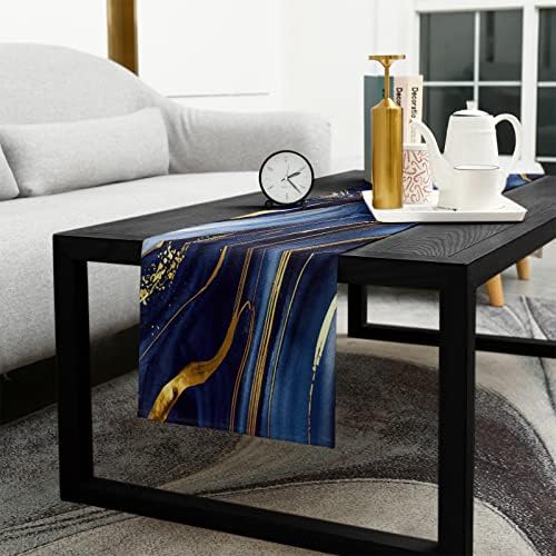 Runner de mesa de mármore falaniique, 72 polegadas de comprimento de linho de algodão, mesa de jantar de mesa de cozinha, moderna azul marinho abstrato tablerunner turlap para cômoda/jantar/festa/casamento 18x72