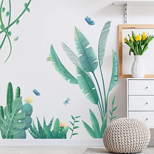 Decalque da parede da vegetação tropical para o berçário do quarto da sala de estar, decoração de casca e bastão, papel de parede de folha de palmeira, adesivos de parede literários, folha de monstera