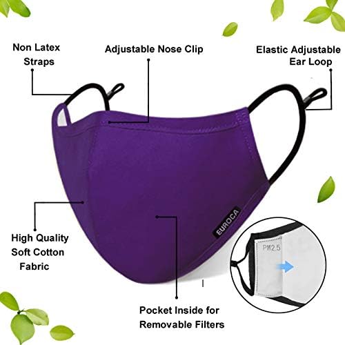 Máscara de pano de pano Euroca 3 camadas laváveis ​​respiráveis ​​reutilizáveis ​​ajustáveis ​​com bolso de filtro para filtros adultos-2 incluídos