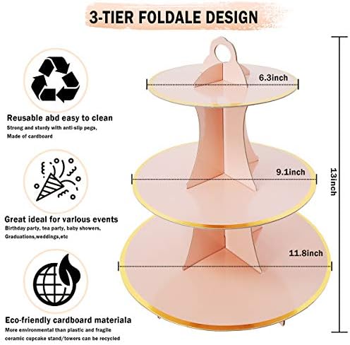 2 Conjunto de ouro rosa de 3 camadas de 3 camadas de 3 camadas Stand para 24 cupcakes perfeitos para meninas Rosa e ouro Aniversario