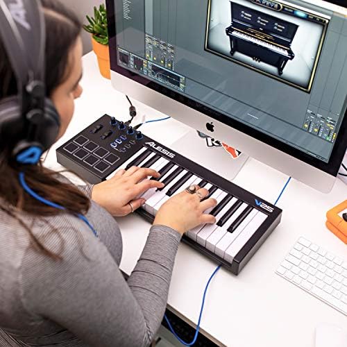 ALESS V25 - Controlador de teclado MIDI USB de 25 teclas com almofadas com retroiluminação, 4 botões e botões atribuíveis, conjunto
