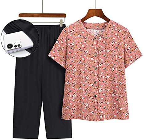 Roupas de 2 peças para mulheres de tamanho grande de verão de manga curta e camisetas de manga e calça conjuntos de mulheres idosas