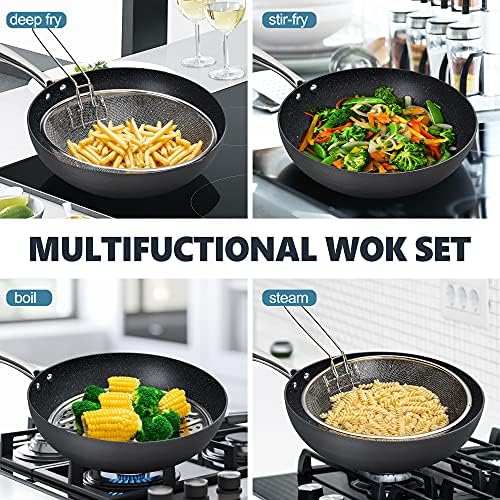 Michelangelo anodizou hard wok antiaderente com tampa, cozinhando panela wok 12 polegadas, panela grande com fundo plano, wok de indução com vapores de vapor e cesta de fritas, woks e panelas de frito - 5 litros