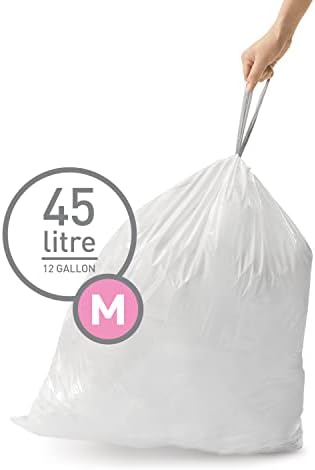 Código Simphuman M Sacos de lixo de cordão personalizado em pacotes de dispensadores, 60 contagem, 45 litros / 11,9 galões, branco e código C Sacos de lixo de cordão personalizado, 60 a 12 a 12 litros / 2,6-3,2 galões, branco
