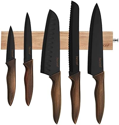Hecef Knife Set preto de 5 com faixa de faca magnética de 12 polegadas, vem com tampa de lâmina protetora