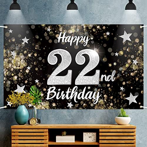 Nelbiirth Feliz 22º aniversário Black & Silver Star Banner grande - Cheers a 22 anos de idade, cenário de parede de parede de aniversário de 22 anos, decoração de 22º aniversário da festa de aniversário.