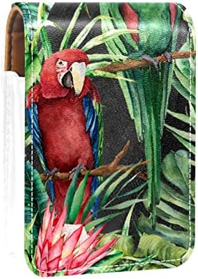 Bolsa de batom de batom de maquiagem de oryuekan com espelho portátil de armazenamento de armazenamento portátil de armazenamento de armazenamento labial de armazenamento, tropical folhas de palmeira de papagaio retrô