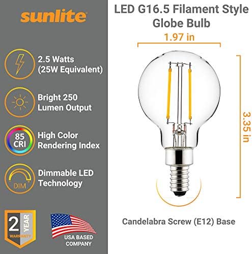 Sunlite 40959 LED G16.5 Estilo de filamentos Lâmpada Globo, 2,5 watts, 250 lúmens, Dimmable, Base Candelabra, UL listada,