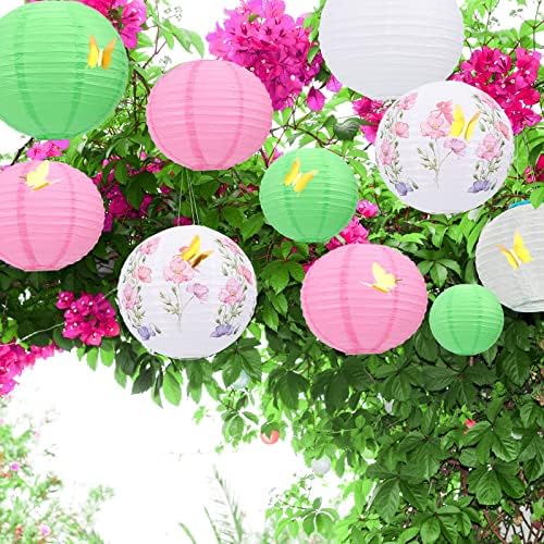 60 PCs Decorações de festa de fada Flor Lanternas de papel chinês com lanternas de penduramento verde de borboleta dourada redonda