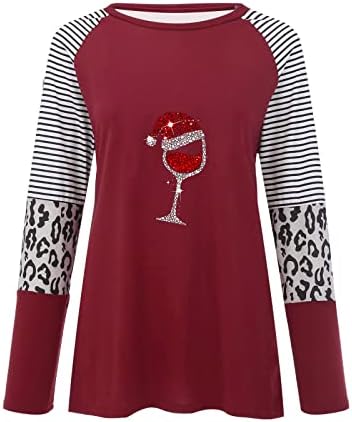 Xiaojmake Womens Christmas Wine Glass Camisa fofa de Papai Noel Selta Casual Bloco de Color Langado Raglan Tees de Raglan