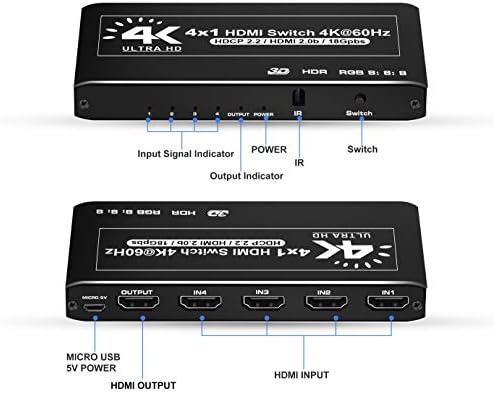 Avedio Links 4K@60HZ HDMI Switch 4x1, Switch HDMI 4 em 1 OUT com controle remoto IR, seletor de comutadores HDMI