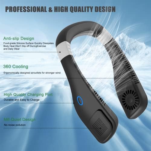 Ventilador do pescoço, 2022 Fãs de pescoço portáteis de 2022 com USB Recarregável Refrigeração Quietas Mãos grátis de longa duração e recarregável fã pessoal, design de fones de ouvido, 3 velocidades em preto
