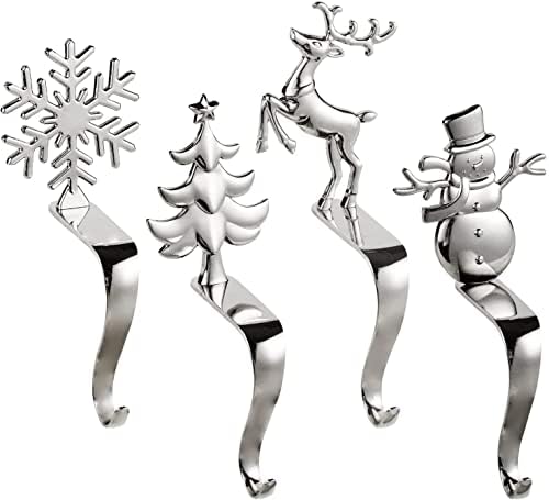 Helajoy de Natal portadores de meias para manto 4 cabides de estoque de prata para titular de meias de manto, ganchos de estoque de Natal para cabide de meia lareira