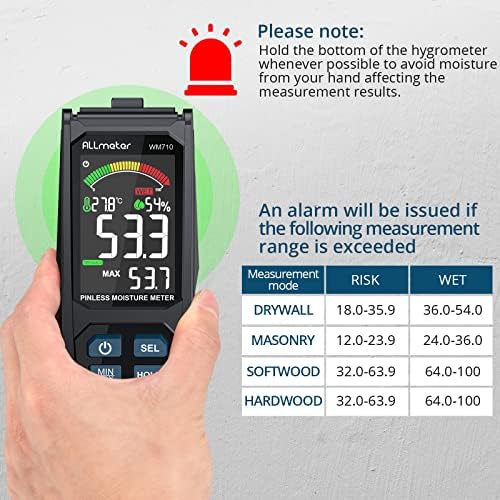 Allimeter Medidor de umidade sem pinos LCD de 3 LCD, alarme, função zero, temperatura/umidade, análise não destrutiva