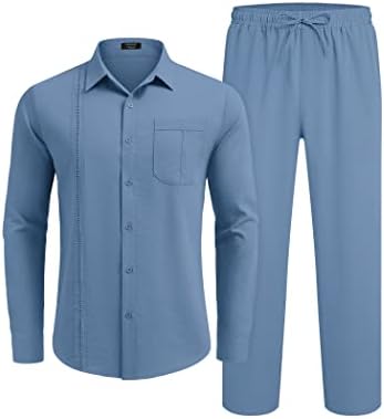 Coofandy Men's 2 peças linho conjuntos casuais botão de manga longa para baixo camisa cubana e calças soltas definidas para