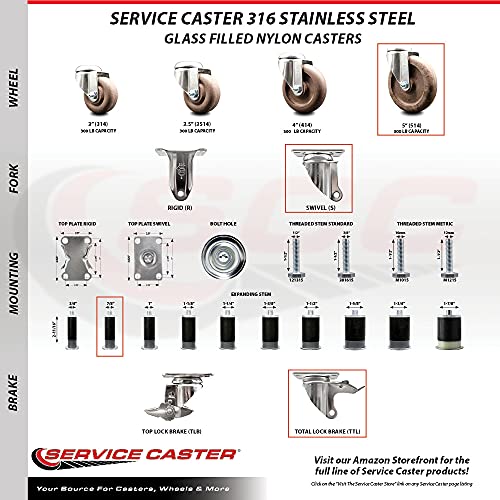 Marca de lançador de serviço 5 polegadas 316 Aço inoxidável Girão leve giratória em expansão Castronicms Conjunto de 4 rodas de gole de nylon cheias de vidro e 7/8 ”STEM - 1.400 libras. Total de CPTy -Casters com freios totais de travamento