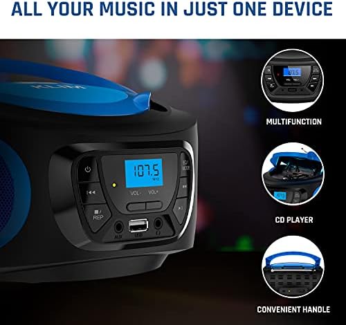 Klim Boombox Portable Audio System - Novo 2023 - FM Radio CD player Bluetooth MP3 USB AUX - Inclui baterias recarregáveis ​​- modos com fio e sem fio - compactos e resistentes - azul
