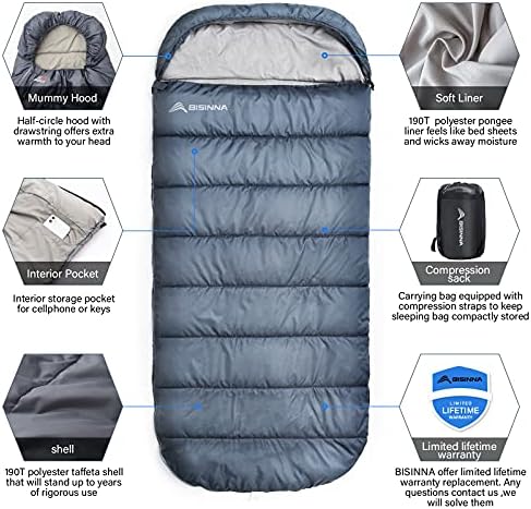 Bisinna XXL Sagão de dormir para adultos grandes e altos, 3-4 temporadas mais tamanho quente e confortável saco de dormir