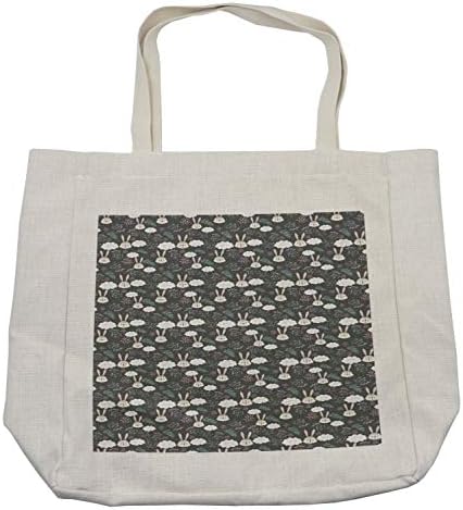 Bolsa de compras de Rabbit de Ambesonne, design com coelhinhos engraçados adormecidos nuvens brancas e flores brancas, bolsa reutilizável