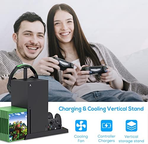 Stand de carregamento com ventilador de resfriamento para o console e controlador Xbox, Série X, acessórios de estação de carregador duplo vertical com bateria recarregável e tampa de 2 x 1400mAh