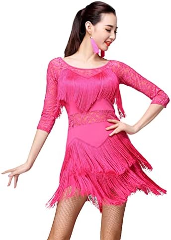 Fantas de baile com franjas de zx fingidas fios de renda redondo pescoço 1/2 manga tango Salsa Latin Dance Dress com shorts