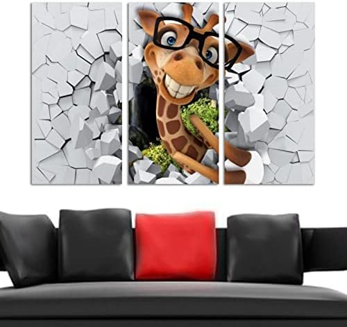 Arte da parede para sala de estar, girafa 3D Espiando de parede quebrada emoldurada pintura a óleo decorativa Conjunto de