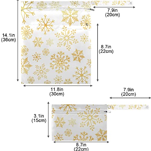 VISESUNNY Golden Snowflake Padrão 2pcs bolsa molhada com bolsos com zíper Saco de fraldas salateadas reutilizáveis ​​para viajar,