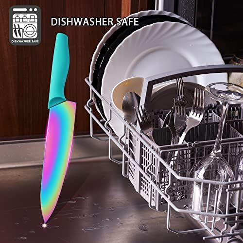 Lavagem de louça Conjunto de facas de cozinha, Marco Almond® KYA37 Rainbow Titanium de 12 peças Facas em caixas de aço inoxidável conjunto para cozinha com bainha, 6 facas com 6 guardas de lâmina, cerceta