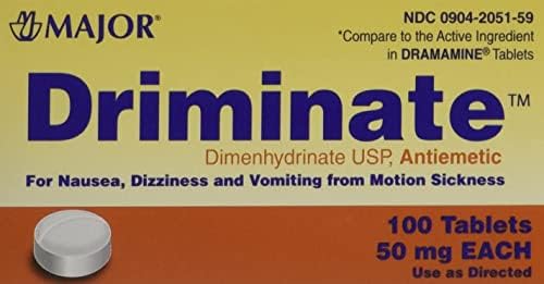 Drimine genérico para doenças de movimento de dramamina 50 mg anti -náusea 100 contagem