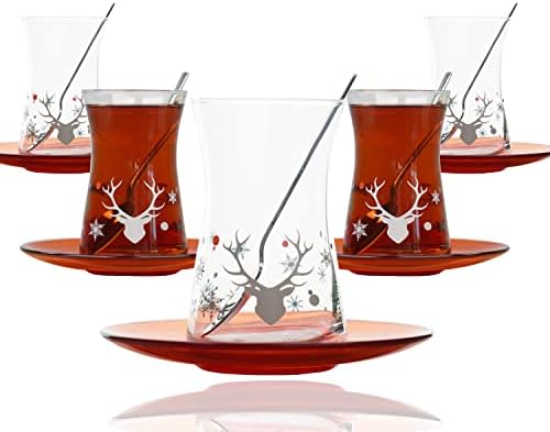 Conjunto de chá turco, xícaras de chá turcas, pires e colheres de chá, 6 copos, 6 pires e 6 colheres de aço inoxidável, definidas para 6