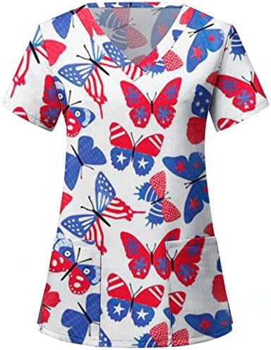 4 de julho Tops for Women American Flag Summer Summer Sleeve Camisa de decote em V com 2 bolsos Blusa Top Holiday Casual