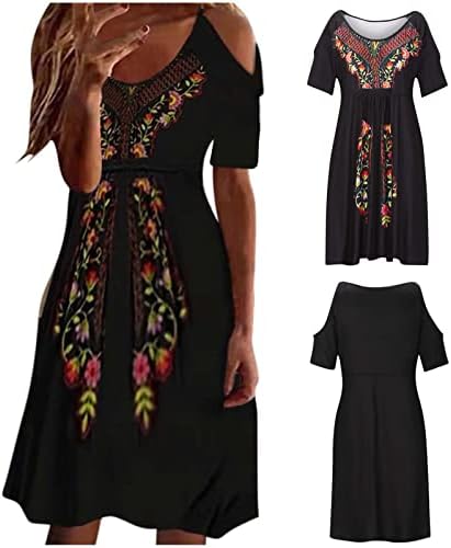 Vestidos de verão femininos de LCZIWO ombro floral ombro frio Crepinho de manga curta Esconde a barriga de vestido de