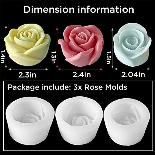 Topys 3pcs grandes moldes de vela de rosas, moldes de rosas em 3D para o Dia dos Namorados, moldes de fondant de silicone em