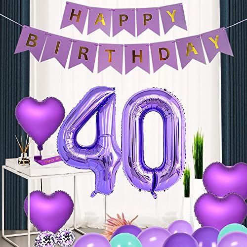 Purple 40th Birthday Party Decorations Supplies Theme Roxo Feliz Aniversário Bolo de faixa Topper Balões de papel alumínio 40 Balões de papel alumínio do coração Tiffany Paper Poms Lanternas Risehy