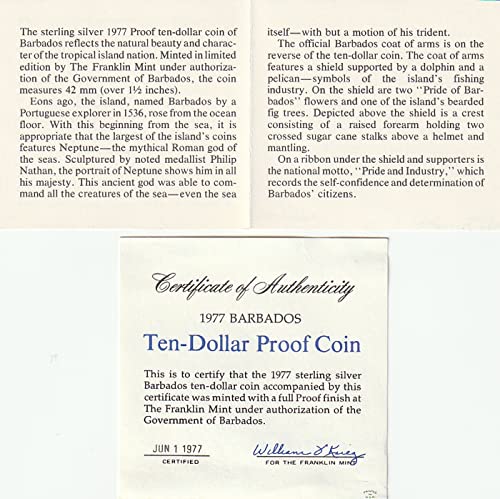 1975 BB Barbados KM# 17a Elizabeth II Prova de prata de 10 dólares Prova Franklin Mint