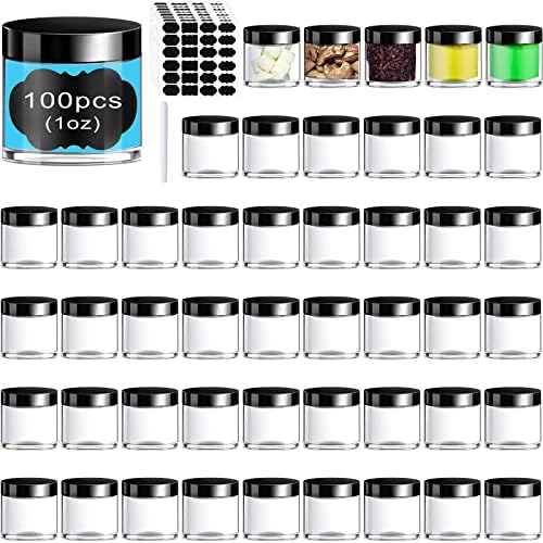 Potchen 100 conjuntos de frascos plásticos maquiagem de maquiagem de maquiagem com tampas de lodo de lodo contêineres para cremes higienetries pequenos recipientes com tampas de etiqueta de quadro -negro marcador de etiquetas
