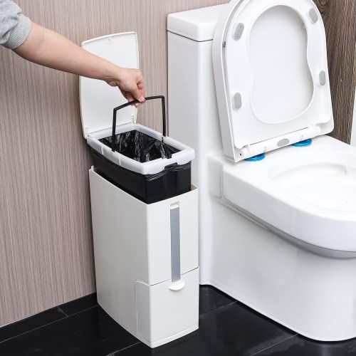 Lixo de plástico fino de acrílico cq pode 1,6 galão, lata de lixo com suporte de escova de vaso sanitário, lata de lixo de 6 litros com a tampa superior, lata de resíduos modernos retangulares brancos para o banheiro