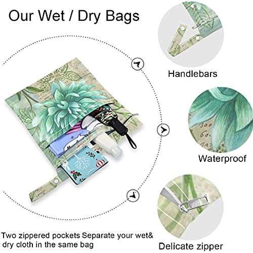 VISESUNNY Blue Flower Lettering 2pcs bolsa molhada com bolsos com zíper lavandenável lavável para viajar, praia, piscina, creche,