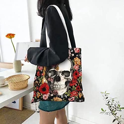 Bolsa de tela de flor do crânio sufocada bolsas de compras reutilizáveis ​​sacos de compras de viagem bolsa de maquiagem para mulheres