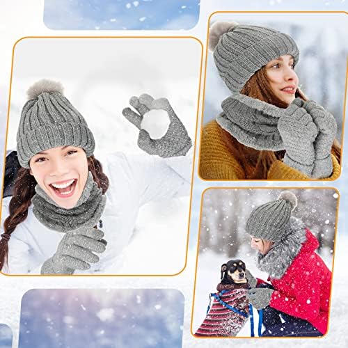 3 PCs Winter Women Womenie Satin cetim ladeado pom chapé e luvas de tela de toque conjuntos de maconha conjuntos quentes para