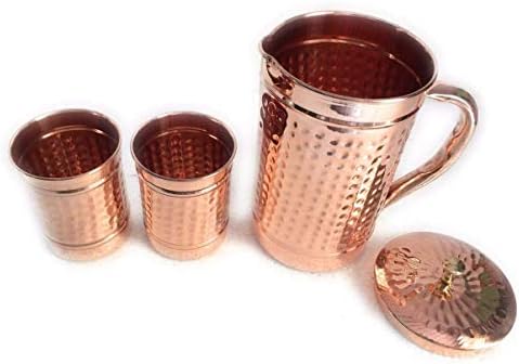 Indian Hammered Copper Water Jug Benefícios de saúde Jarro de 1400 ml de vidro 300 ml lindo conjunto de combinações
