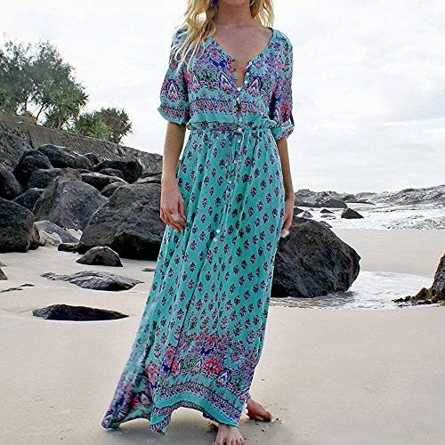 Vestido para mulheres, Jflyou Sexy Long Maxi Dress Mangueado V Vestido de festa na praia de estampa floral de pescoço