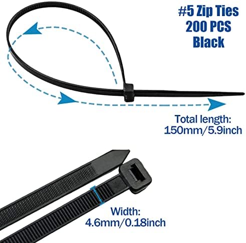 Zip Ties TIE de fios de cabo - plástico preto 200 PCs de 6 polegadas Caixas de fio de arame para gerenciamento de embrulho de torção ao ar livre - puphutu