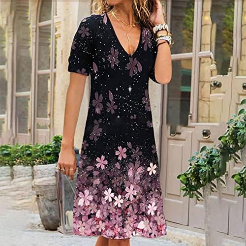 Fragarn Long Sundresses for Women, Moda Mulheres Vestido de Manga Curta Impressa Vestido de Pullover Slim Casual