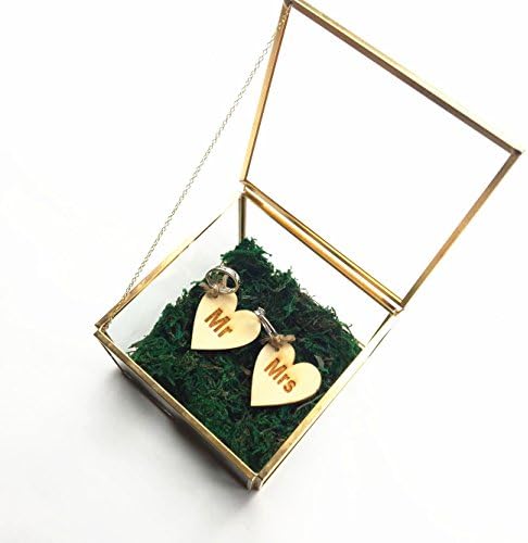 Mylifemylove Cased Wedding Glass, caixa de anel de vidro, caixa de jóias de vidro, suporte geométrico de anel de cobre, travesseiro de anel de vidro de mancha no noivo