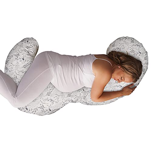 Travesseiro total de gravidez corporal total com tampa de travesseiro removível fácil em folhas espalhadas cinza para suporte de