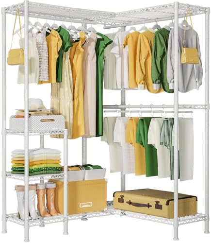 Ulif L1 Rack de vestuário pesado, 4 níveis L em forma de organizador de armário independente ajustável e armazenamento com 3 hastes para quarto e vestiário, 44 ​​”W x 35,4” D x 78,3 ”H, capacidade de carga 750 libras, branco